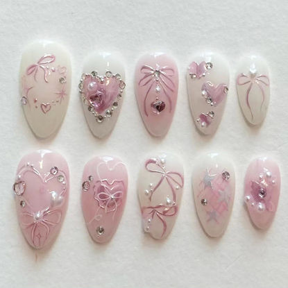 Picture of LBPEPAMZ Pink Press on Nails Medium Almond Fake Nails with 3D Heart Pearl Rhinestones Designs White Gradient Bow Silver Star Stick on Nails Flower Charm Full Cover Glue on Nails for Women Girls 24Pcs
