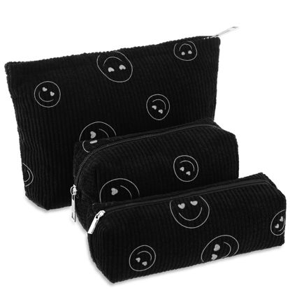 Picture of Huhumy 3 Pcs Makeup Bag Corduroy Cosmetic Bag Aesthetic Cute Preppy Makeup Bags for Women Smile Small Makeup Purse Pouch Travel Toiletry Bag Set Makeup Organizer with Zipper(Black, Smile Face)
