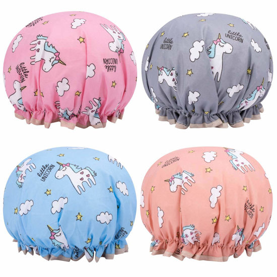 Picture of Unicorn Shower Caps for Long/Thick Hair, Cute Hair Cover for Women and Girl, Waterproof Bath Hat, Double Layer Bonnet