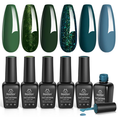 Picture of Beetles Green Gel Nail Polish Set 6 Colors Forest Dark Green Gel Nail Polish Soak Off Uv LED Nail Lamp Gel Nail Kit Home DIY Manicure Nail Salon