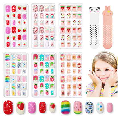 Picture of Modelones Press on Nails for Kids 144Pcs 6 Pack Children Acrylic Fake Nails Pre-glue Full Cover Glitter Gradient Color Ice-Cream Fruit Short False Nail Art Kits Sets Christmas Gifts for Kids Girls