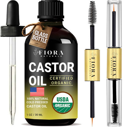 Picture of Organic Cold Pressed Castor Oil USDA Certified Eyelash and Hair Growth Serum, Hexane-Free, Conditions and Stimulates Growth for Lashes, Brows and Hair
