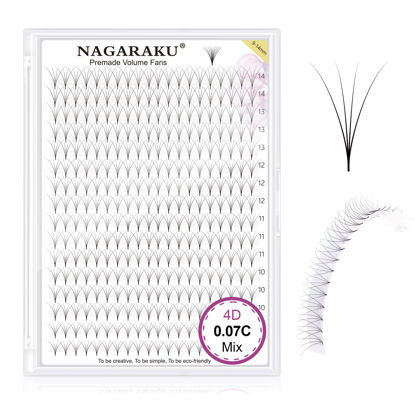Picture of NAGARAKU Premade Fans Eyelash Extensions 320 Fans 4D Volume 0.07mm C curl 9-14mm Mix Tray Sharp Narrow Stem Clusters Thin Pointy Base Russian Pre Fanned Fluffy Matte Black