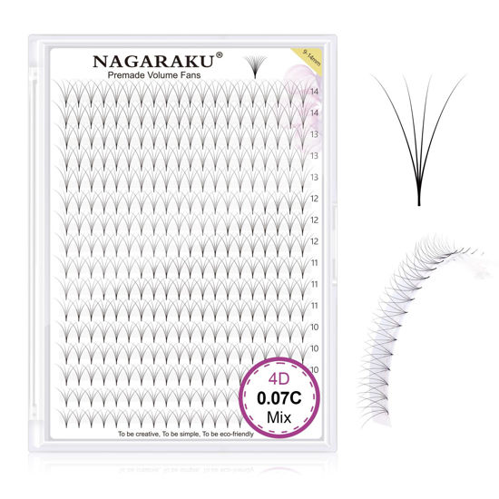 Picture of NAGARAKU Premade Fans Eyelash Extensions 320 Fans 4D Volume 0.07mm C curl 9-14mm Mix Tray Sharp Narrow Stem Clusters Thin Pointy Base Russian Pre Fanned Fluffy Matte Black