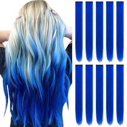Picture of TOFAFA 22 inch Colored Hair Extensions, Colorful Party Highlights Clip in Synthetic Hair Extensions for Girls Women Kids Favor Gift (10 PCS Blue)