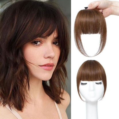 Picture of ELEFOCUS Clip in Bangs Real Human Hair Light Brown 100% Human Hair French Bangs Fake Bangs Hair Clip on bangs for women Fringe with Temples Hairpieces Curved Bangs for Daily Wear
