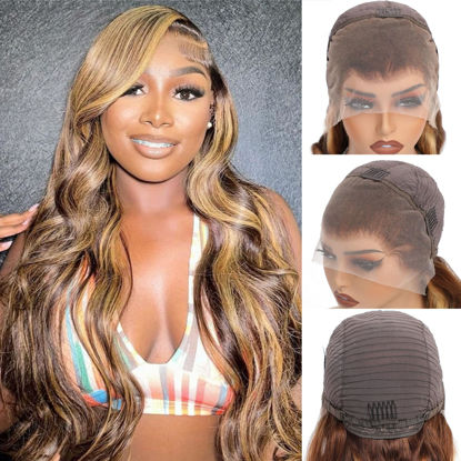 Picture of Aaliweya Highlight Lace Front Wigs Human Hair 4/27 Ombre 13x4 Body Wave Lace Frontal Wig for Women 180% Density Glueless Honey Blonde Wig Full and Thick Super Soft 26 inch