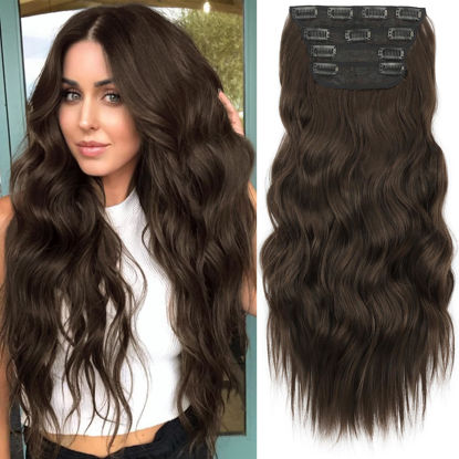 Picture of KooKaStyle Clip in Synthetic Hair Extensions Long Wavy 4PCS Thick Hairpieces Dark Chocolate Brown Fiber Double Weft Natural Hair Extensions 20 Inch for Women