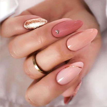 Picture of YOSOMK Almond Press on Nails Medium Length Fake Nails with Gold Sequins Designs Pink Glossy Artificial Full Cover False Nails Stick on Acylic Nails for Women