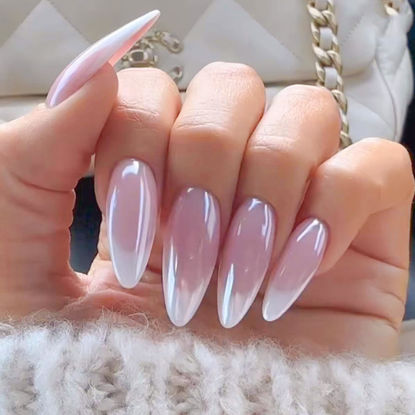 Picture of YOSOMK French Tip Fake Nails Almond Medium Press on Nails with Glitter Chrome Designs Glossy Mirror False Nails Pink Sequins Glue on Artificial Nails for Women