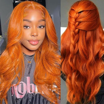 Picture of Ginger Lace Front Wigs Human Hair 13x4 Ginger Orange Body Wave Lace Front Wigs Human Hair 180% Density Ginger Glueless Wigs Human Hair Pre Plucked 180% Density Ginger Frontal Wigs Human Hair 20 Inch