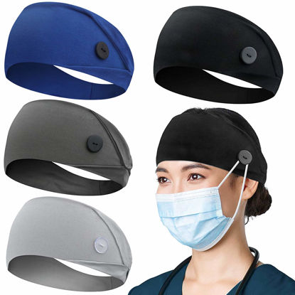 Picture of ABAMERICA Headbands with Button for Mask, Wide Nurses Headbands Non Slip Elastic Ear Protection for Women Men Doctors Sweatband Headband (BUTTON- 4 PACK COLOR13)