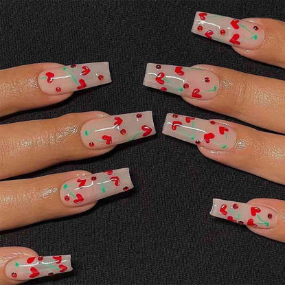 Picture of Foccna Valentine’s Day Press on Nails Long Coffin Fake Nails Rhinestone False Nails Artificial Full Cover False Nail Tips for Women and Girls- 24pcs