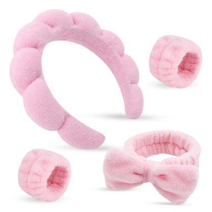 Picture of ATROCH Puffy Spa Headband & Skincare Headbands for Women Makeup,Terry Cloth Towel Head Band for Skin Care,Sponge Make Up Hair Band for Girls,Face Wash Wristband Scrunchies Set 4 Pcs