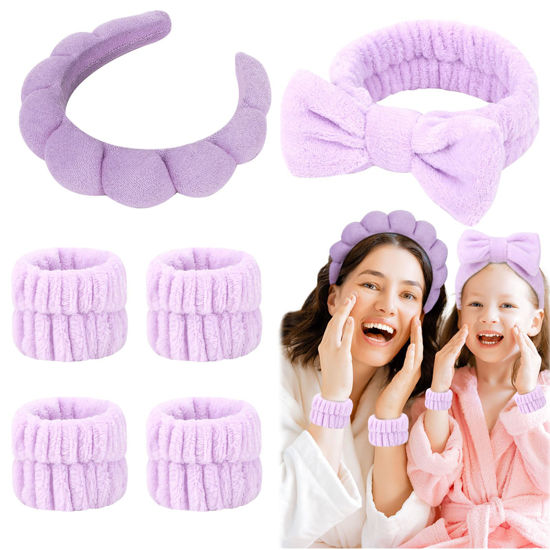 Picture of Araluky Puffy Terry Cloth Headbands & Wristbands - Sponge Makeup Removal Set for Skincare Routine and Shower