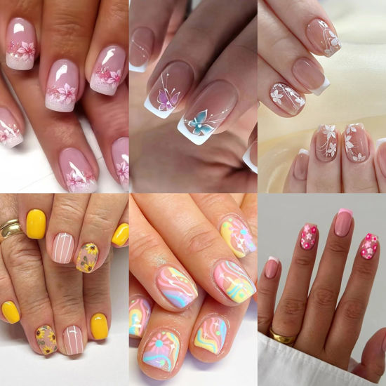 Picture of 6 Packs (144 Pcs) Press on Nails Square, Flower Press on Nails Short, French Tip Press on Nails Medium, Flower False Nails, Glue on Nails, Gel Fake Nails for Women, Stick on Nails 12 Sizes-6 Styles