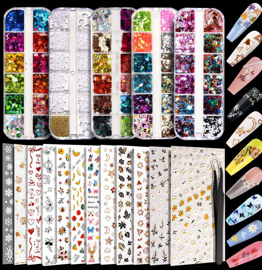 Picture of Teenitor 12 Sheets Nail Art Sticker Self-Adhesive, Flower Nail Stickers 5D Embossed Nail Decals, 5 Boxes Nail Art Glitter Sequins Flakes, Nail Art Design Tools Self Adhesive Nail Art Supplies