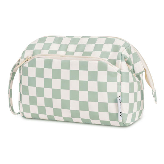 Picture of Narwey Checkered Makeup Bag Women Wide-open Make up Bag Travel Cosmetic Bag Organizer Toiletry Bag for Cosmetics Toiletries Accessories (Mint Green Checkerboard)