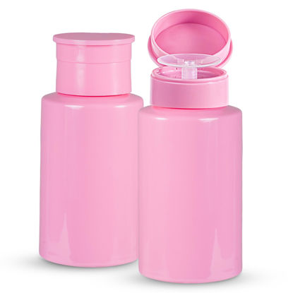 Picture of YAMYONE 2 Pack Pink Push Down Pump Dispenser - Nail Polish Remover Pump Empty Refillable Bottle Containers for Makeup Remover Micellar Water Facial Toner, 200ml 6.7oz