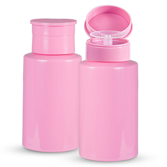 Picture of YAMYONE 2 Pack Pink Push Down Pump Dispenser - Nail Polish Remover Pump Empty Refillable Bottle Containers for Makeup Remover Micellar Water Facial Toner, 200ml 6.7oz