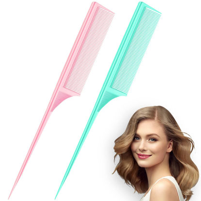 Picture of 2 Pack Rat Tail Combs for Women Fine Tooth Comb Parting Tip Carbon Fiber Root Teasing Anti Static Heat Resistant Adding Volume Evening Hair Styling (Pink, Green)