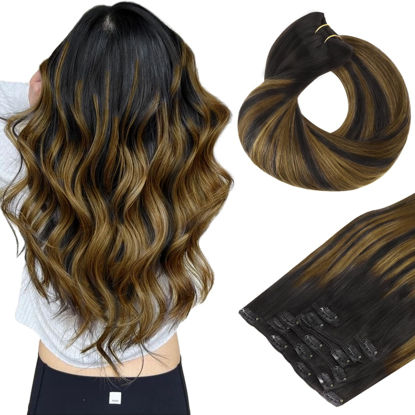 Picture of HOTBANANA Human Hair Clip in Hair Extensions, Balayage Natural Black to Golden Brown 120g Clip in Hair Extensions Real Human Hair Straight Remy Hair Clip Ins 16 Inch 7pcs