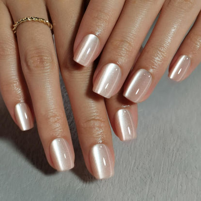 Picture of SHANGMENG Cat Eye Nude Press on Nails Square - Soft Gel Press on Nails Short for Women Gift, Fit Perfectly & Natural Stick on Nails with Glue in 16 Sizes - 32 Reusable Fake Nails, Light Nude