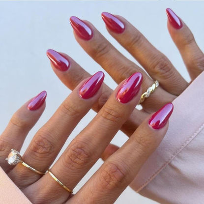 Picture of Hot Pink Chrome Press on Nails Medium Almond, KQueenest Iridescent Stiletto Fake Acrylic Nails With Holographic Mirror Effect Pearlescent Medium Glue on Nails False Nails Press ons for Daily Wear