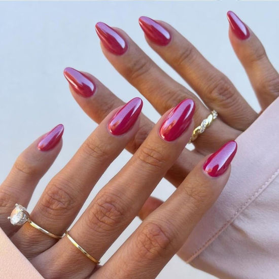 Picture of Hot Pink Chrome Press on Nails Medium Almond, KQueenest Iridescent Stiletto Fake Acrylic Nails With Holographic Mirror Effect Pearlescent Medium Glue on Nails False Nails Press ons for Daily Wear