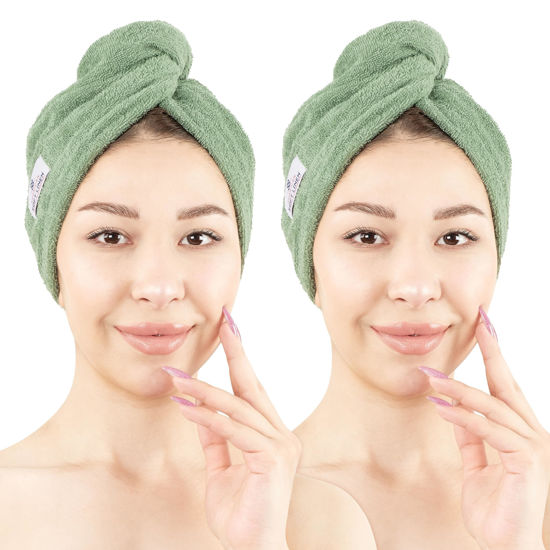 Picture of American Soft Linen 100% Cotton Hair Towels for Women, Head Towel Cap, Cotton Hair Turban Towel Wrap for Long Curly Anti Frizz Hair, Soft and Absorbent Cotton Hair Towels 2 Pack, Sage Green