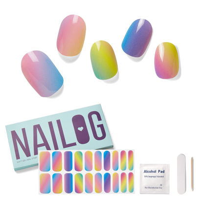 Picture of NAILOG Semi Cured Gel Nail Strips for Spring (20 Extra Long Polish Stickers/Wraps) │ Glossy & Long Lasting Soft Gel Finishing (Rainbow)