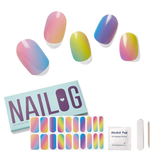Picture of NAILOG Semi Cured Gel Nail Strips for Spring (20 Extra Long Polish Stickers/Wraps) │ Glossy & Long Lasting Soft Gel Finishing (Rainbow)
