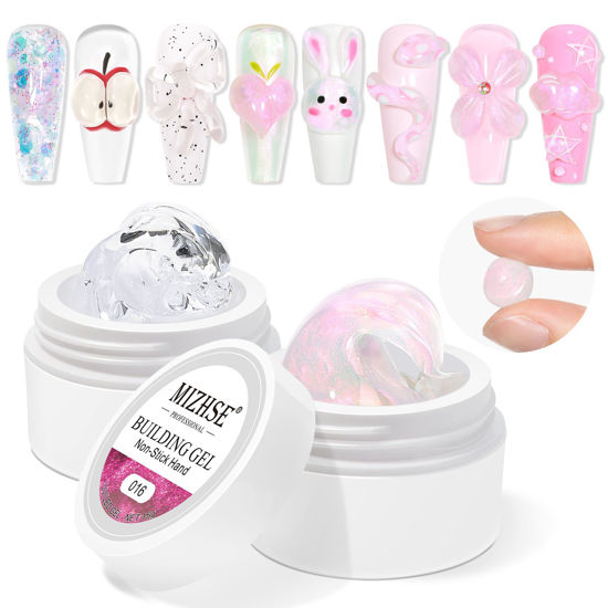Picture of MIZHSE Solid Builder Gel, Aurora Pink & Clear Hard Gel for Nails, Non-Sticky Building Gel Sculpting Gel 3D Gel Nail Mermaid Pearl Carving Gel Modeling Gel Nail Extension Nail Art Salon Home DIY
