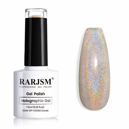 Picture of RARJSM Holographic Nail Polish Champagne Gold Gel Polish Halo Unicorn Nailpolish Metallic Gel Polish Colors UV Lamp Required for Salon Nail Art Home DIY RAR71