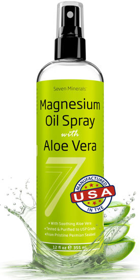 Picture of Seven Minerals, Magnesium Oil Spray with Aloe Vera - Less Itchy - Use as Magnesium Spray Deodorant - Made in USA - Get Healthy Hair & Skin and Sleep Better - Free eBook Included (Big 12 oz)