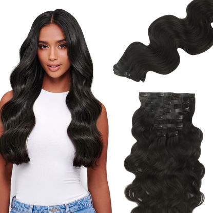 Picture of Lashey Seamless Clip in Hair Extensions Remy Human Hair Extensions, 110g 7pcs Body Wave Natural Black Clip in Hair Extensions 100% Real Soft Human Hair Natural Black Human Hair Extensions 14 Inch