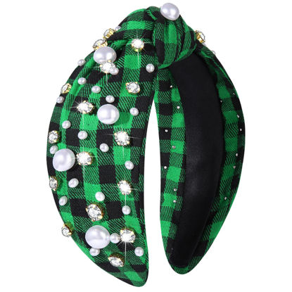 Picture of YAHPERN Christmas Headband for Women Jeweled Xmas Bow Tree Snowflake Knotted Headband Holiday Christmas Hair Accessories (Green Plaid)