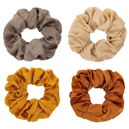 Picture of Silk Satin Scrunchies Women Hair Ties - Ivyu Big Scrunchy Ponytail Holder No Crease Hair Bands Soft Elastic No Hurt Your Hair for Vsco Girl Women Beige Gray Dard Yellow Light Yellow