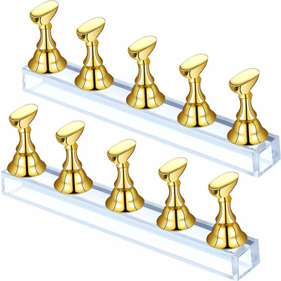 Picture of Blulu 2 Sets Acrylic Nail Display Stand Magnetic Press on Nails Practice Holder Stand DIY Painting Fingernail Stand for False Fingernail Manicure Tool Home Salon Use(Gold)
