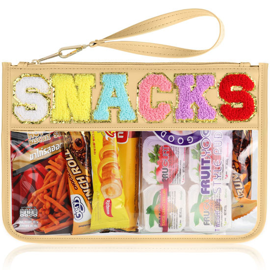 Picture of Snack Bag for Travel - Clear Chenille Varsity Letter Flat Pouch with Zipper, Waterproof Clear PVC&PU Preppy Patch Makeup Cosmetic tote Bags for Women Girls (Beige-Snacks)