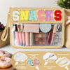 Picture of Snack Bag for Travel - Clear Chenille Varsity Letter Flat Pouch with Zipper, Waterproof Clear PVC&PU Preppy Patch Makeup Cosmetic tote Bags for Women Girls (Beige-Snacks)