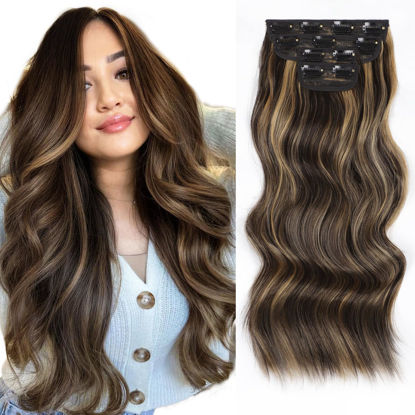 Picture of Vigorous Clip in Hair Extensions 20 Inch Brown mix Blonde Long Hair Extensions Clip Ins 4PCS Soft Synthetic Hairpieces for Women