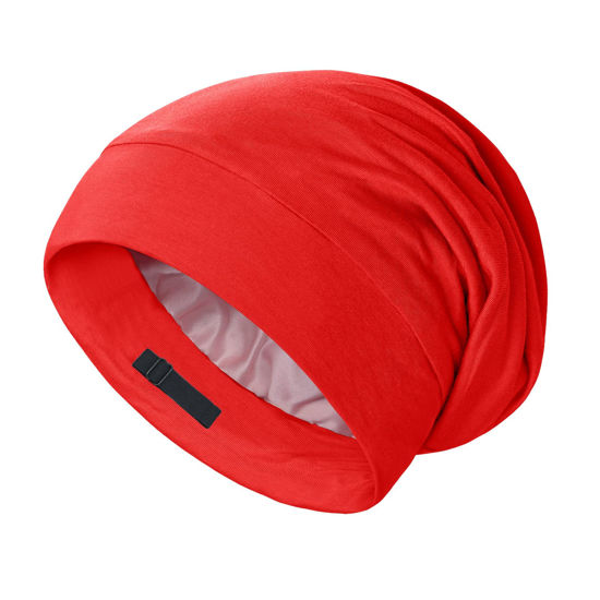 Picture of OLESILK 100% Mulberry Silk Bonnet for Sleeping Women, Silk Hair Wrap for Sleeping, Silk Sleep Bonnet for Women&Men, Real Silk, Not Satin, Red