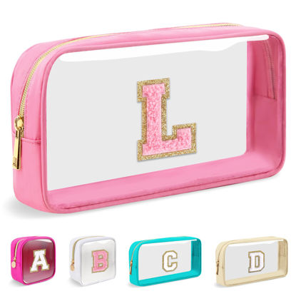 Picture of Small Clear Personalized Initial Makeup Bag,Nylon Preppy A-Z Chenille Letter Patch Cosmetic Pouch Beach Toiletry Bag,Waterproof Zipper Travel Purse Storage Bag Organizer for Women Girls(Pink-Pink L)