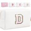 Picture of Glitter Initial Letter Makeup Bag, Small Personalized Sequins Letters PU Leather Cosmetic Bag Portable Waterproof Makeup Zipper Pouch, Shine Handbag Organizer Travel Bag Gifts for Women&Girls(White-D)