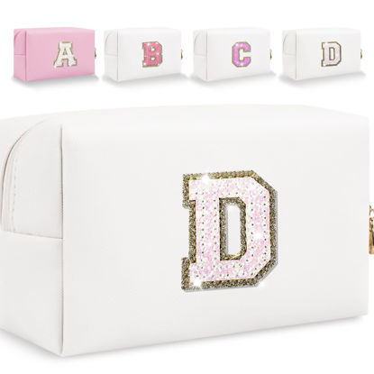 Picture of Glitter Initial Letter Makeup Bag, Small Personalized Sequins Letters PU Leather Cosmetic Bag Portable Waterproof Makeup Zipper Pouch, Shine Handbag Organizer Travel Bag Gifts for Women&Girls(White-D)