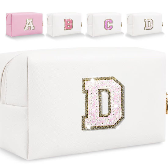 Picture of Glitter Initial Letter Makeup Bag, Small Personalized Sequins Letters PU Leather Cosmetic Bag Portable Waterproof Makeup Zipper Pouch, Shine Handbag Organizer Travel Bag Gifts for Women&Girls(White-D)