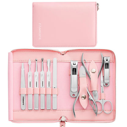 Picture of FAMILIFE Manicure Set Professional Manicure Kit Nail Kit - 11PCS Gifts For Her Nail Clippers for Women Stainless Steel Pedicure Sets Pink Leather Case
