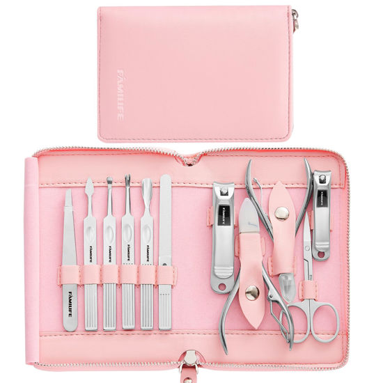 Picture of FAMILIFE Manicure Set Professional Manicure Kit Nail Kit - 11PCS Gifts For Her Nail Clippers for Women Stainless Steel Pedicure Sets Pink Leather Case