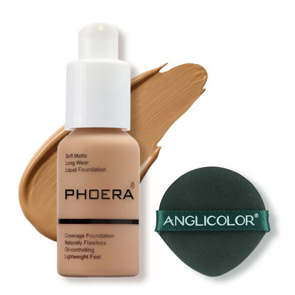 Picture of PHOERA Foundation Makeup Naturally Liquid Foundation Full Coverage Mattle Oil-Control Concealer 8 Colors Optional,Great Choice For Gift (#105 Sand,30ml)
